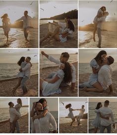 a collage of people on the beach with one woman holding another man's arm