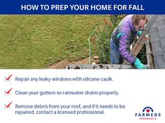 a man working on the roof of a house with text explaining how to prep your home for fall