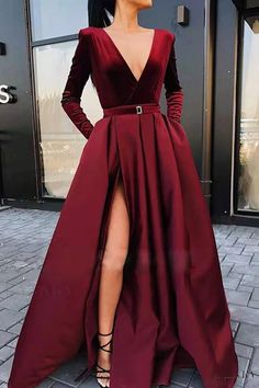 Lasaky - Refined Burgundy A-Line Dress featuring a V-Neckline and Exquisite Patchwork Design Vestidos Color Vino, Prom Dress Green, Cheap Prom Dresses Online, Prom Dresses With Pockets, V Neck Prom Dresses, Custom Prom Dress, Long Sleeve Prom, Burgundy Prom Dress, فستان سهرة