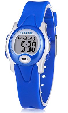 a blue and white digital watch on a white background