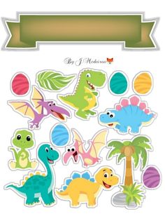 an assortment of stickers with dinosaurs and palm trees