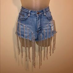 Beaded Shorts Summer Party Bottoms With Beaded Fringe, Party Denim Bottoms With Fringe, Party Embellished Denim Bottoms, Party High-waist Jean Shorts With Rhinestone Fringe, High Waist Jean Shorts With Rhinestone Fringe For Party, Chic Bottoms With Rhinestone Fringe For Spring, Chic Spring Bottoms With Rhinestone Fringe, Trendy Embellished Bottoms For Night Out, High Waist Bottoms With Rhinestone Fringe For Summer