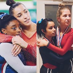 three female athletes hugging each other in front of a mirror with their medals around their necks