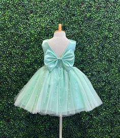 Our enchanting Knee Length flower girl dresses are sure to turn heads! This beautiful elegant sophisticated dress is handmade, the bodice consists of Mint Bridal Satin with a sowed in sash at the waist, the back of the dress consists of an open V-back with a hidden zipper. The big bow is detachable. The skirt consists of 4 layers of Mint tulle with the top layer consisting of ivory tulle with sowed in pearl beads. The fifth layer is made of lining with crinoline for fullness.  This dress is perf Princess Photoshoot, Elegant Sophisticated, Easter Holiday, Sophisticated Dress, Easter Holidays, Girl Dresses, Flower Dresses, Girl Dress, Petticoat