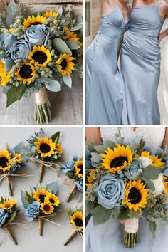 the bridesmaids carried sunflowers and dusty blue bouquets