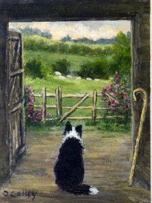 a painting of a dog looking out an open door at a field with sheep in the distance