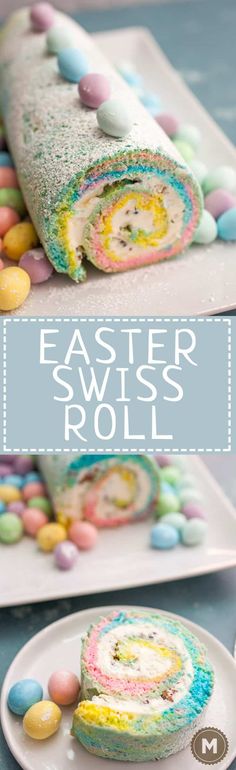 an easter swiss roll on a plate with candy