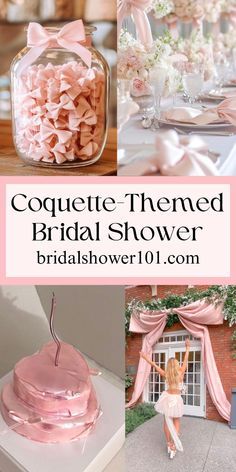 a collage of photos with pink and white flowers in vases, bridal shower