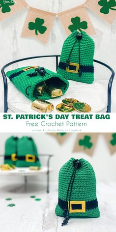 the st patrick's day crochet bag is shown with shamrocks on it