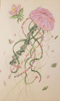 a drawing of two pink flowers on a white paper with green stems and leaves in the background