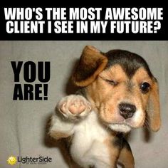 a small dog with its paw up and the caption says, who's the most awesome client i see in my future? you are