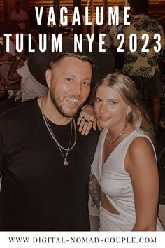 two people standing next to each other with the words vagalime tulum nye