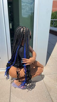 Black And Blue Knotless Braids, Knotless Braids Black Women, Braids Black Women Hairstyles, Blue Knotless Braids, Blue Knotless, Braids Black Women, Curled Hair With Braid, Hairstyles Cute