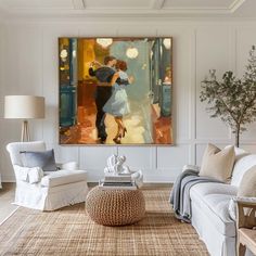 Beautiful Couple Dance Waltz Painting Waltz Painting, Romantic Dancing, American Realism, Lotus Painting, Grey Abstract Art, Original Canvas Painting, Japandi Interior, White Artwork, Blue Abstract Painting