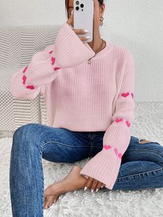 Heart Pattern Flare Sleeve Sweater Pink Casual  Long Sleeve Knitwear Heart Pullovers Slight Stretch  Women Clothing, size features are:Bust: ,Length: ,Sleeve Length: Flare Sleeve Sweater, Knitted Heart, Heart Sweater, Estilo Chic, Drop Shoulder Sweaters, Loose Outfit, Printed Sleeves, Casual Fall Outfits, Knitted Jumper