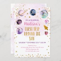 two the moon birthday party card with stars and planets on pink marble background, featuring gold foil confetti