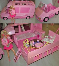 the barbie doll is playing with her pink camper