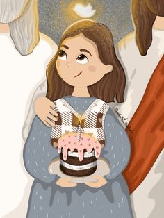 an illustration of a girl holding a birthday cake