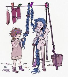 two people standing next to each other in front of clothes hanging on a line,