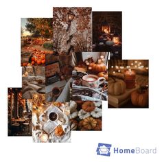 a collage of photos with pumpkins, candles and lights in the fall season