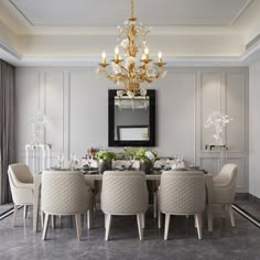 a dining room table with chairs and a chandelier