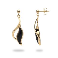 A pair of 14K yellow-gold dangle pierced earrings Two Hawaiian Black Coral raised "S"-shaped stones, 15x5x2mm Approximately L: 1 1/4" W: 3/8" To our valued International Customers, due to an international agreement between our governments regarding the Black Coral, please contact us before purchasing. Elegant Black Enamel Earrings For Anniversary, Black Polished Finish Fine Jewelry Earrings, Black Enamel Earrings For Gift, Fine Jewelry, Formal 14k Gold Earrings With Black Enamel, Elegant Black Enamel Earrings For Gift, Black 14k Gold Earrings With Polished Finish, 14k Gold Black Earrings With Polished Finish, Black Hallmarked Drop Earrings, Yellow Gold Drop Earrings With Black Enamel