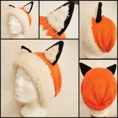 four pictures of an orange and white knitted hat with black horns on the ears