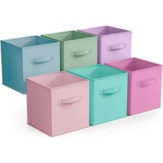 six different colored storage bins with handles on each side and one in the middle