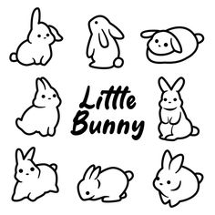 the words little bunny are written in black ink on a white background with rabbits and bunnies