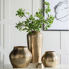 three gold vases sitting on top of a white table next to a green plant