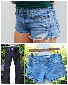 three pictures of different types of denim shorts with holes in the front and back, one showing