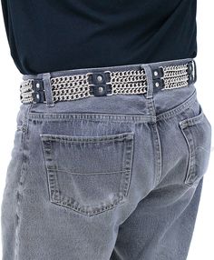 Wide chain belt for the real rocker. A leather and chain belt for men or women that need a bit more heavy metal in their wardrobe. A wide curb chain belt with nickel plated curb chain paired with top grain cowhide leather spacers in between, and a 1.75" wide belt buckle with snaps so you can remove and add your own special decorative belt buckle. Made in USA by Jamin Leather® Sizes: S (32-34), M (36-38), L (40-42). Custom larger sizes can be made if you call. [3#] 1.75" wide leather strap 1.75" Metal Chain Link Belt With Belt Loops, Silver Punk Chain Link Belt, Edgy Silver Chain Belt, Statement Belt, Belt For Men, Leather Travel Bag, Leather Hats, Leather Shirt, Chain Belt