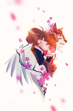 two anime characters hugging each other in front of pink and purple flowers on a white background