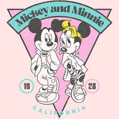 mickey and minnie are standing next to each other in front of a pink triangle with the words disney and minnie california on it