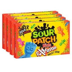 four packs of sour patch kids extreme gummy candy, each with an orange box