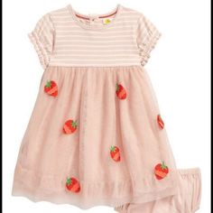 This Baby Boden 'Strawberry' Tulle Dress Is A Super-Sweet Occasion Dress. Featuring All-Over Strawberry Flutter Appliqus On A Tulle Skirt, It's Fully Lined For Comfort. It Has Buttons Down The Back For Easy Dressing. - 100% Cotton - Skirt: 100% Polyester - Size: 2-3 Years - Color: Dusty Pink - Strawberry Flutter Appliques - Tulle Skirt - Lined - Please Note: This Is For The Dress Only (No Diaper Cover Included). You Can Add Your Own! This Baby Boden 'Strawberry' Tulle Dress Comes New Without Tag Dusty Pink Baby Clothes, Sweet Pink Strawberry Print Dress, Strawberry Baby Dress, Polka Dot Baby Dress, Boden Dresses, Boden Dress, Pink Strawberry, Easy Dressing, Mini Boden