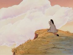 an animated image of a woman sitting on top of a hill with clouds in the background