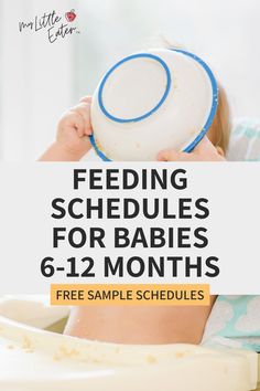 a baby holding a feeding bowl with the text feeding schedules for babies 6 - 12 months free sample schedules