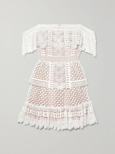 SELF-PORTRAIT Off-the-shoulder guipure lace mini dress | NET-A-PORTER Mini Crochet Dress With Lace Trim, Off-shoulder Dresses With Lace Trim, Feminine Off-shoulder Lace Dress, Lace Mini Dress With Lace Work, Mini Lace Dress With Lace Work, Mini Lace Dresses With Lace Work, Chic Off-shoulder Lace Mini Dress, Feminine Off-shoulder Mini Dress With Lace Trim, Lace Off-shoulder Dress With Lace Trim