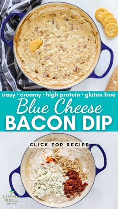 blue cheese bacon dip in a pan with crackers and pretzels on the side