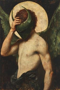 a painting of an angel holding his head to his face with one hand and wearing a green hat