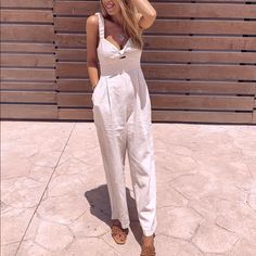 Cotton Elegant Vacation Overalls And Rompers, Elegant Overall Jumpsuits And Rompers For Vacation, Elegant Vacation Jumpsuits And Rompers In Overall Shape, Elegant Jumpsuits And Rompers For Vacation, Beige Summer Overalls And Jumpsuits, Beige Summer Overalls Jumpsuit, Beige Overall Jumpsuits And Rompers For Summer, Chic Linen Jumpsuits And Rompers For Summer, High Waist Solid Jumpsuits And Rompers For Summer