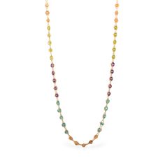 This necklace was made for those who love bright pops of color, with an array of gemstones in bold hues such as lime green and violet. Each stone has been woven by hand with 18k yellow gold chain to complete this striking design. Technical Details Metal: 18k yellow goldGemstones: Amethyst, Apatite, Peridot, SunstoneLength: multiple sizes (16-18", 24", 34")Handmade in New YorkStyle # NT-3079-AM-AP-PE-SS Luxury Multicolor Briolette Necklaces, Luxury Multicolor Briolette Necklace, Luxury Multicolor Oval Necklaces, Luxury Multicolor Single Strand Necklaces, Luxury Multicolor Multi-stone Necklaces, Luxury Multicolor Single Strand Necklace, Luxury Multicolor Necklaces With Gemstone Accents, Luxury Multicolor Necklace With Gemstone Accents, Luxury Multicolor Gemstone Necklaces