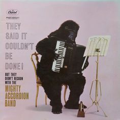 a gorilla sitting on top of a chair holding an accordion