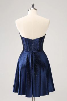 Amzcw Cute Navy A Line Strapless Hollow Out Corset Beaded Homecoming Dress with Bow Hoco Dresses Dark Blue, Navy Blue Hoco Dress, Winter Dance Dresses, Blue Hoco Dress, Hoco Court, Navy Homecoming Dress, White Jumpsuit Wedding, Strapless Homecoming Dresses, Beaded Corset