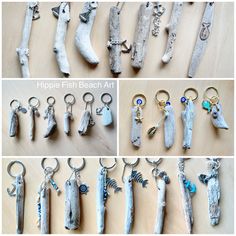 several pictures of different types of items made out of clay and silver metal, including key chains