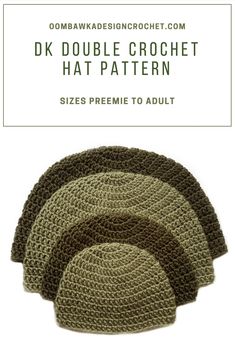 three crocheted hats with the text, dk double crochet hat pattern sizes