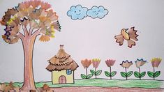 a child's drawing of a house and trees