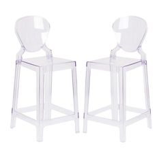 two clear plastic chairs sitting next to each other on a white background with one chair facing the other way