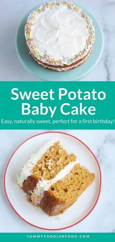 sweet potato baby cake with white frosting and sprinkles